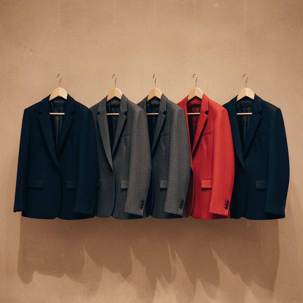 Row of women's blazers in navy, charcoal, and cherry red