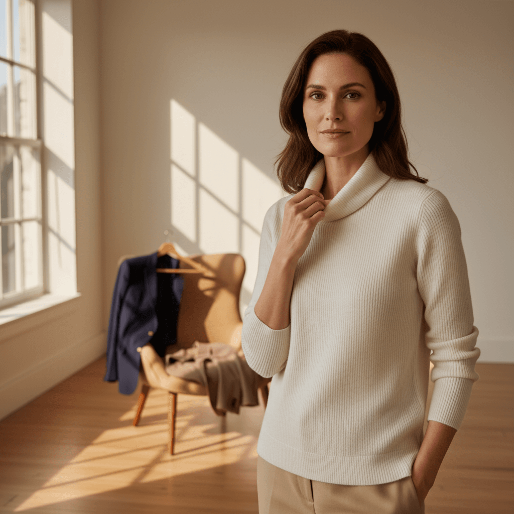 Woman in modern classic cashmere sweater in bright room