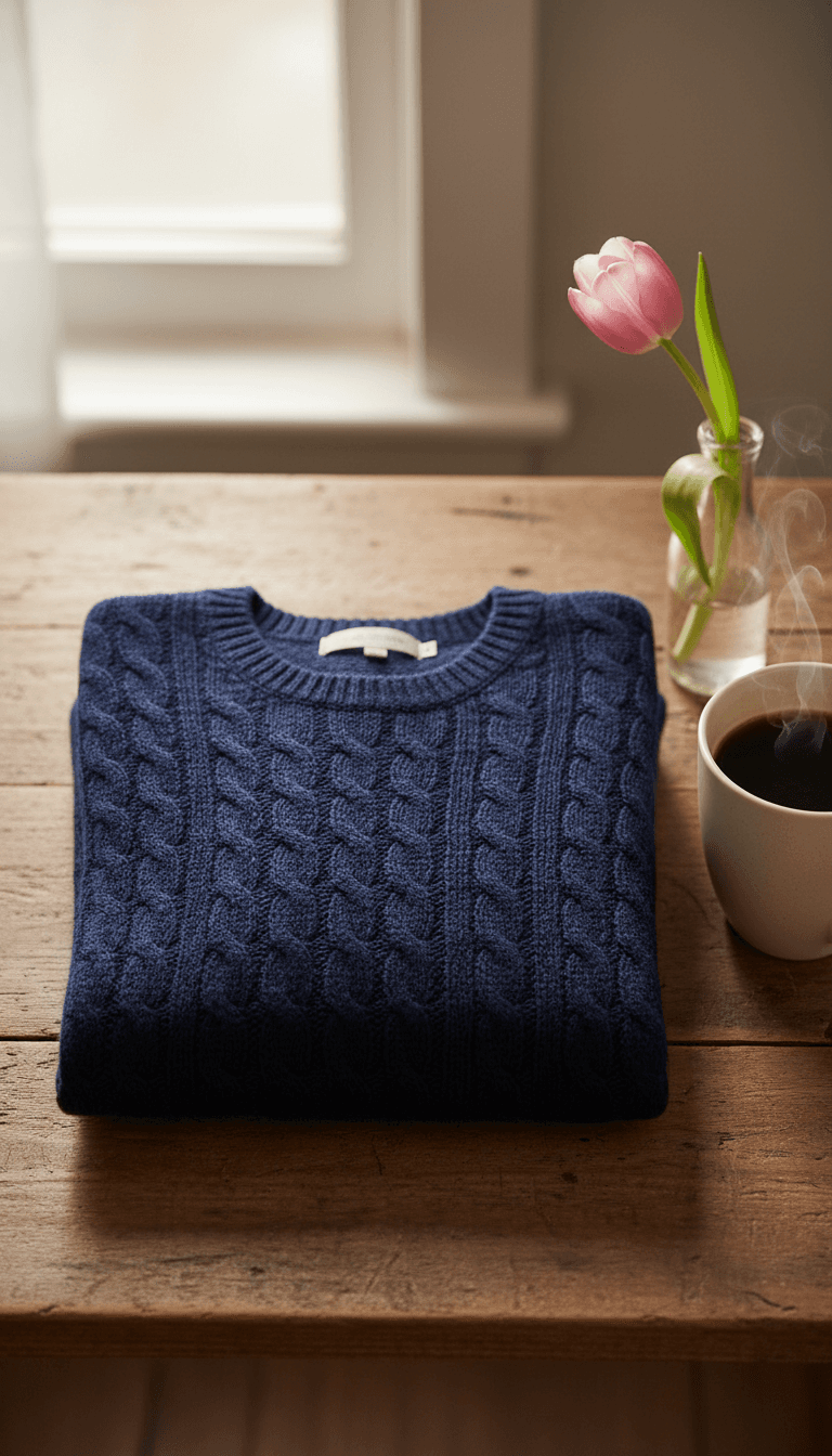 Navy cashmere sweater folded on a wooden table with coffee and a tulip