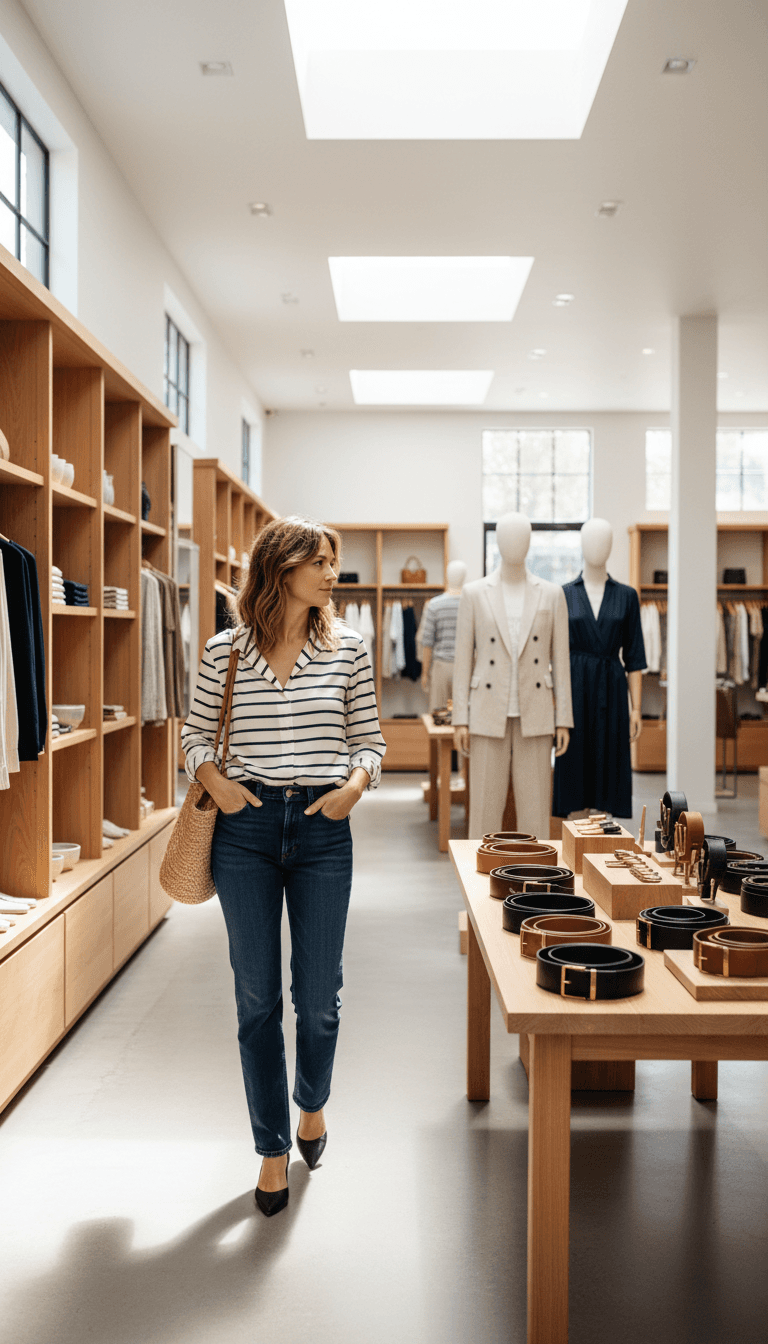 Woman in silk blouse walking through a bright boutique with displays