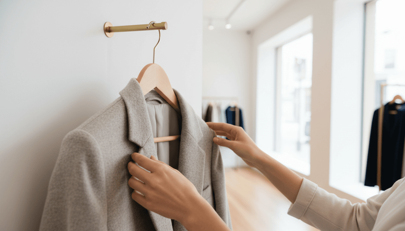 Hand gently smoothing a wool blazer sleeve in a bright boutique interior