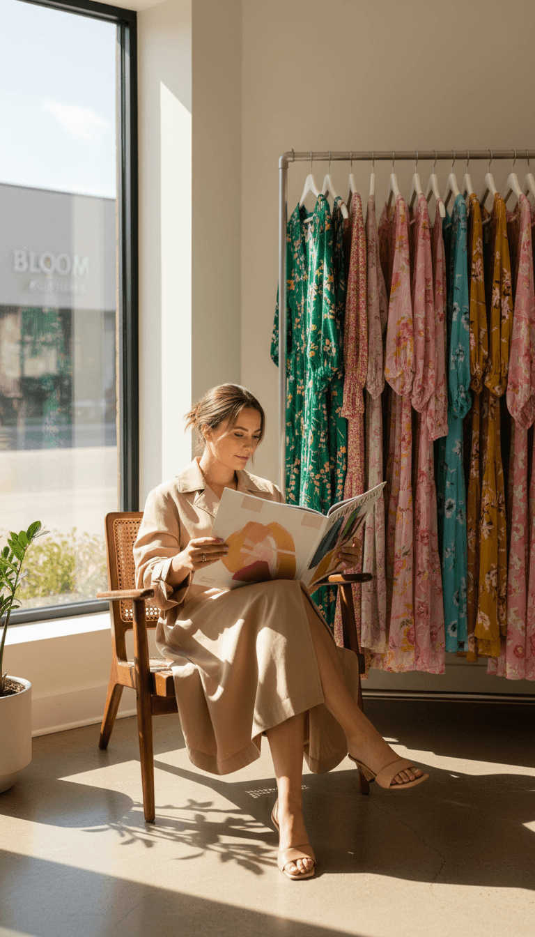 Woman in tan trench coat seated with a fashion magazine in a sunlit store corner