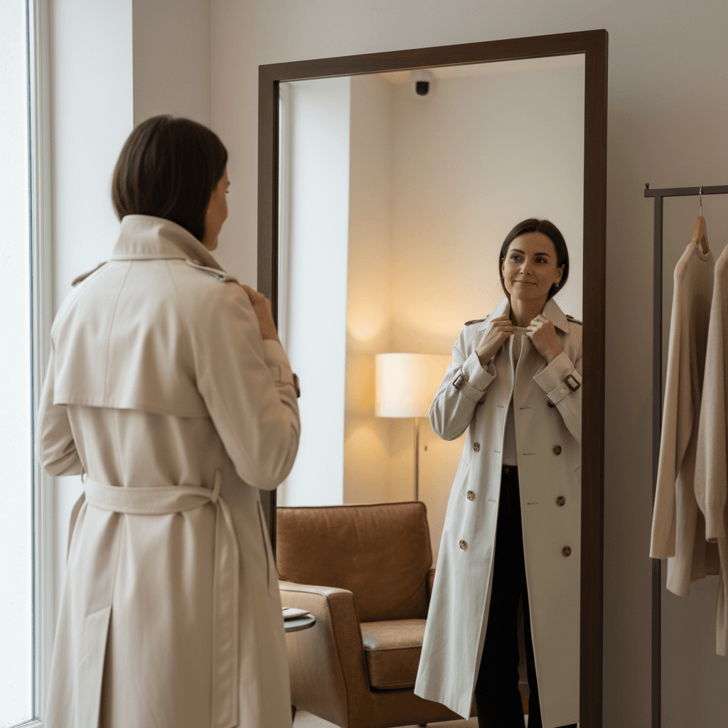 Woman trying on trench coat in front of mirror