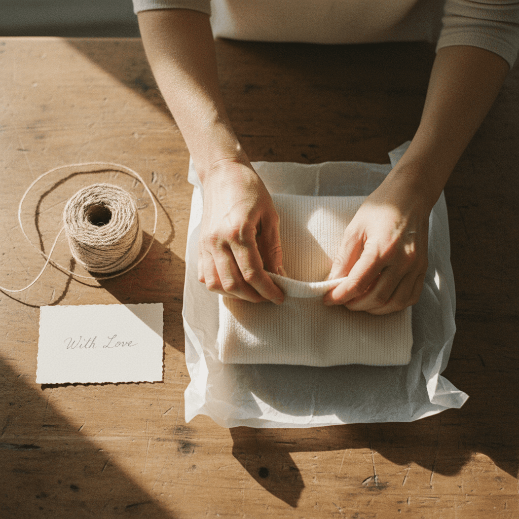 Hands wrapping garment in tissue paper on wooden table