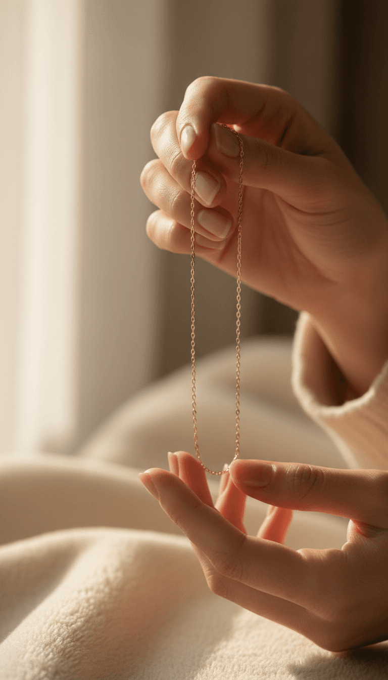 Close-up of hands holding a gold-tone chain necklace
