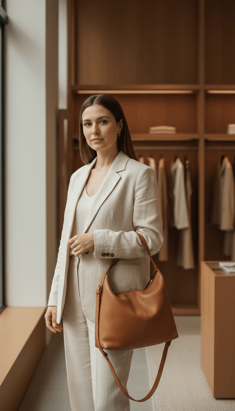 Woman in cream linen blazer browsing a rack of tailored blazers