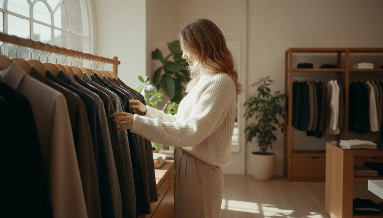Woman browsing clothing racks in a sunlit boutique
