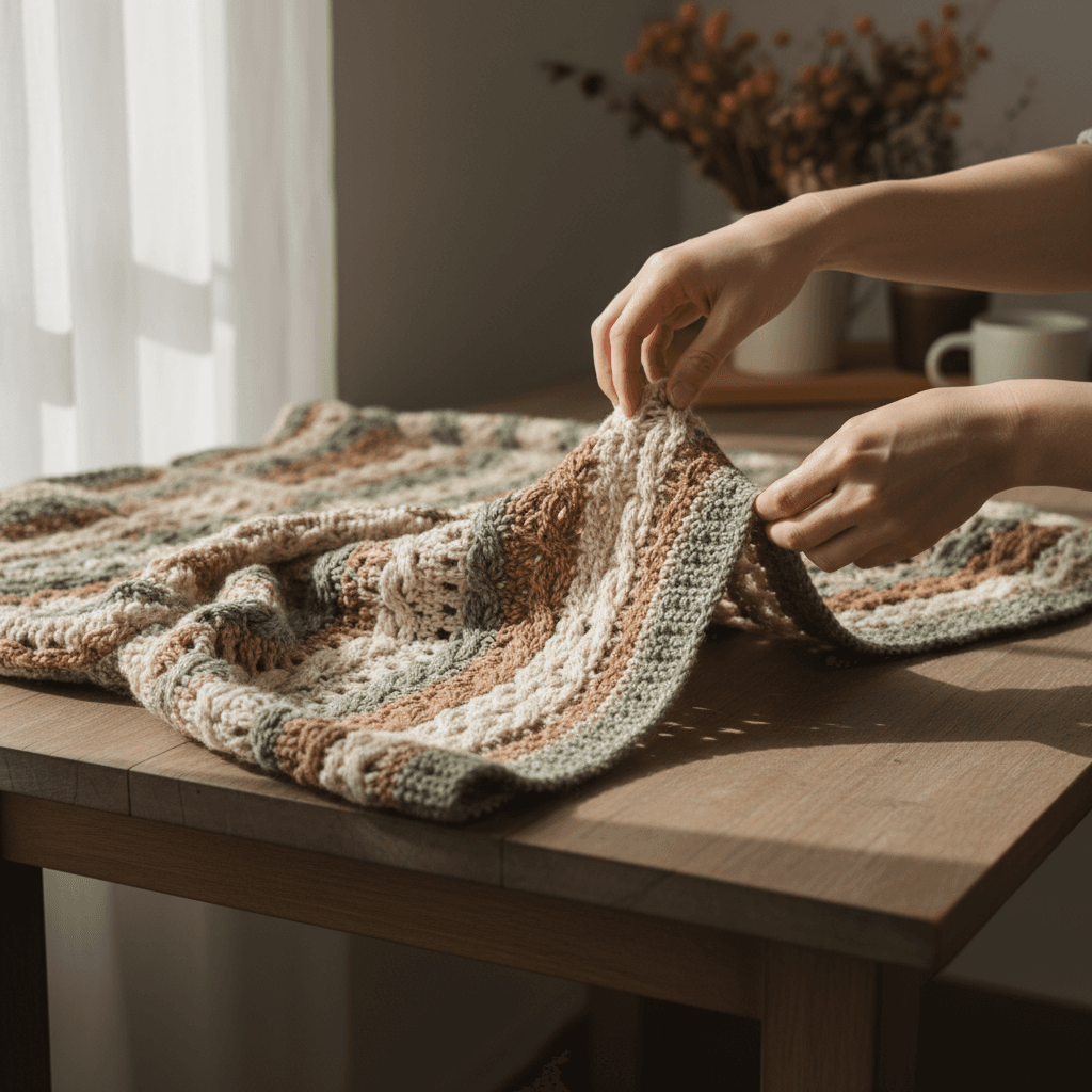 Cardigan folded on a wooden dresser in morning light