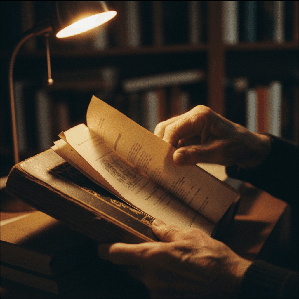 Hands turning pages of a vintage catalog on a wooden table