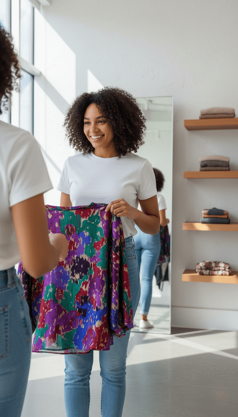 Talbots sales associate and a smiling customer looking at a silk scarf together