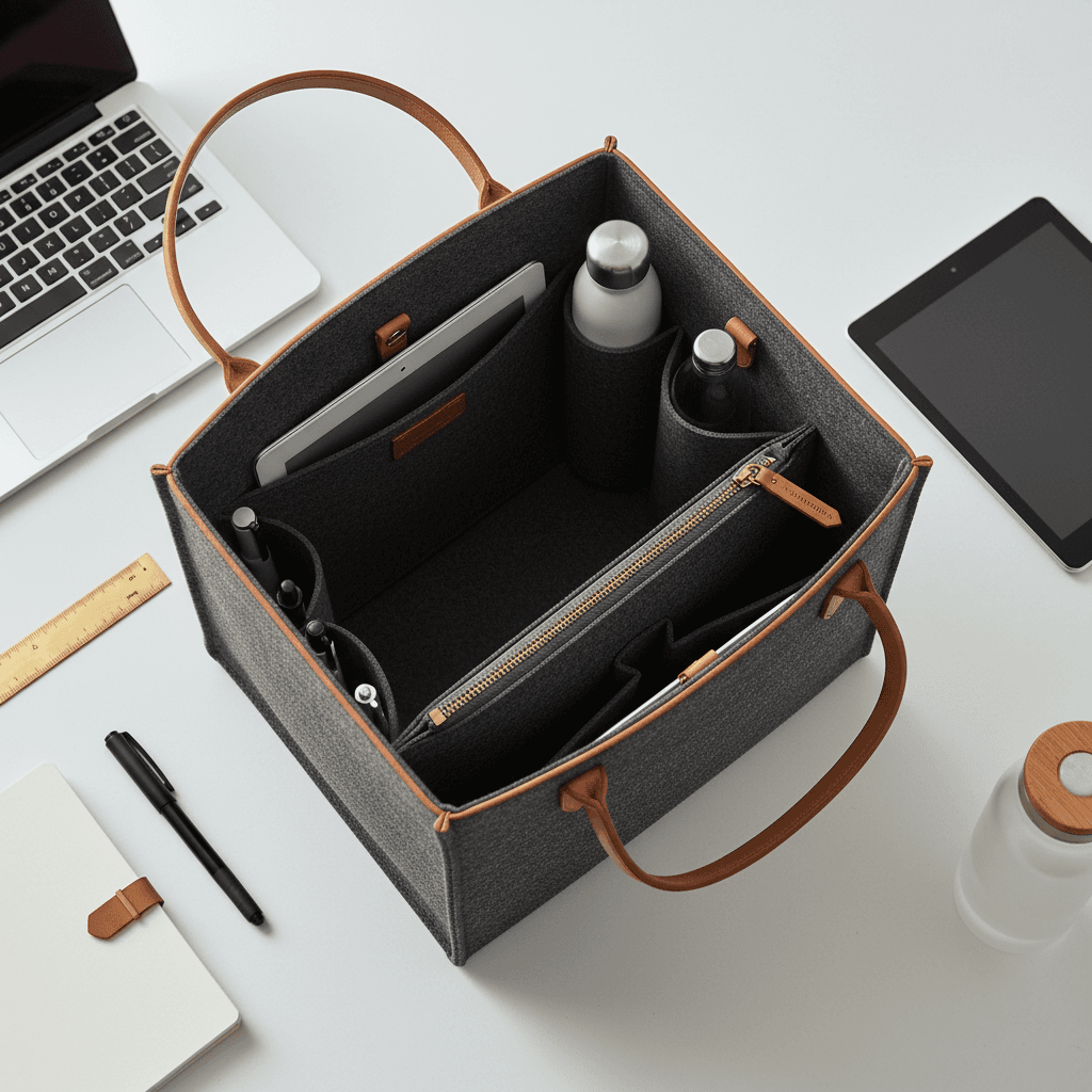 Overhead view of a leather handbag and tailored trousers arranged on a light wood table
