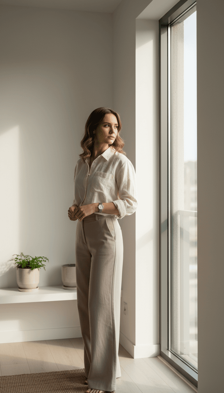 Woman in camel coat standing in sunlit entryway