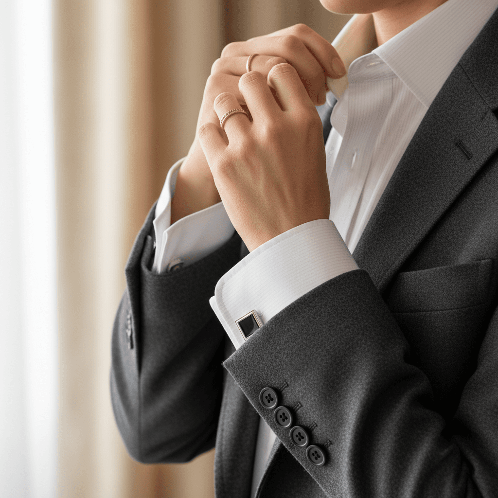Hand adjusting a classic navy blazer on a mannequin in a softly lit retail space